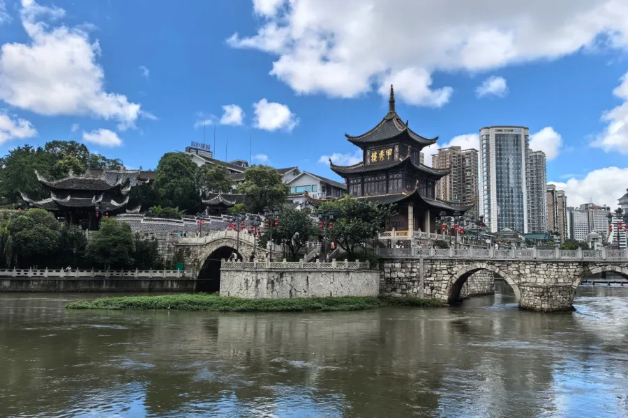 Ancient three-story pavilion standing on Nanming River, landmark of Guiyang