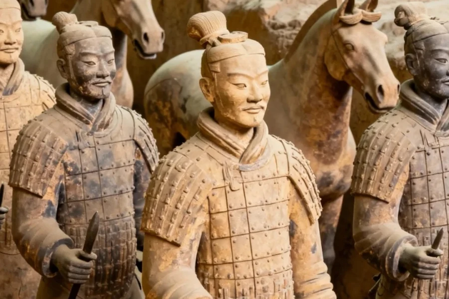 Grand archaeological site view of Terracotta Army, the astonishing underground military pottery formation of ancient Qin Dynasty