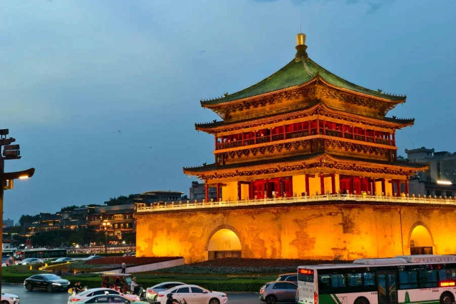 Xi'an Bell and Drum Tower, grand Ming?dynasty time?telling architectural complex standing at downtown Xi’an city center with classic ancient wooden?brick structure