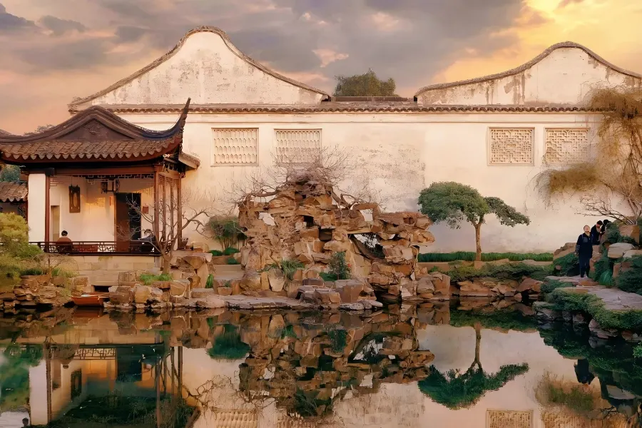 Master?of?Nets Garden in Suzhou showing elegant classical Chinese garden with pavilions and ponds