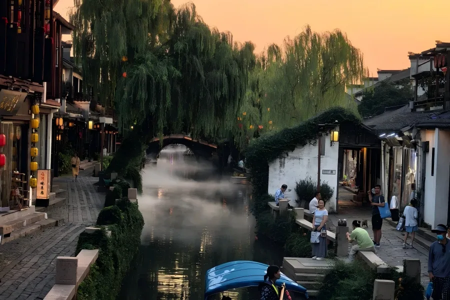 Zhouzhuang Water Town in Suzhou showing ancient stone bridges, water?lanes and riverside folk houses