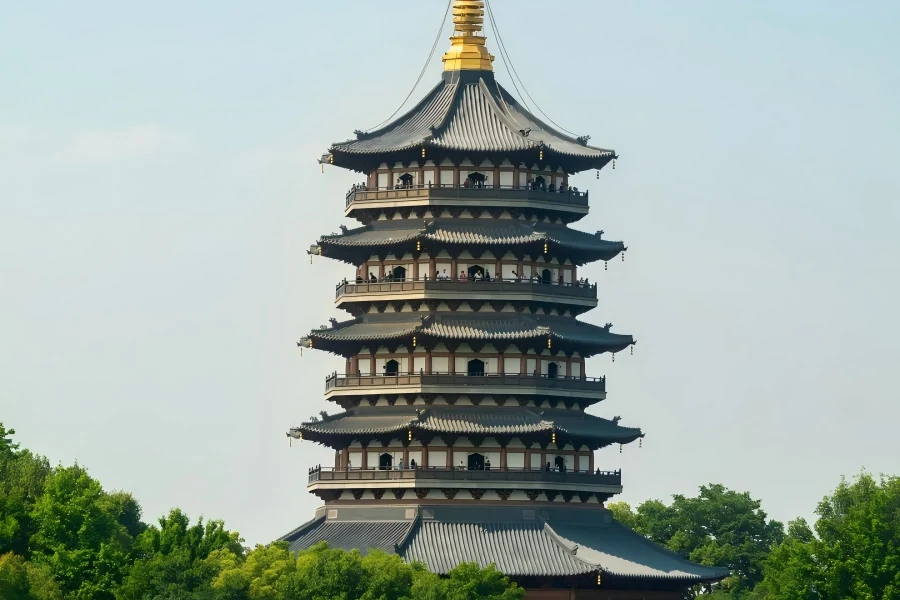 Leifeng Pagoda in Hangzhou showing ancient pagoda overlooking West Lake scenery