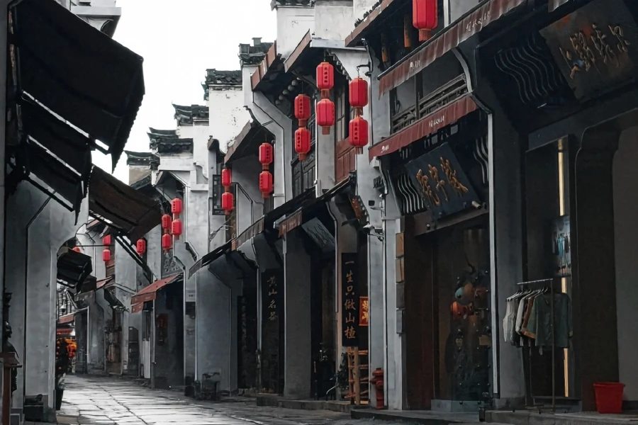 Tunxi Ancient Street in Huangshan showing traditional Anhui?style old buildings along the street
