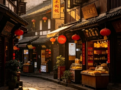 Traditional ancient street with red lanterns, old wooden shops and local snacks, historic town in Chongqing China