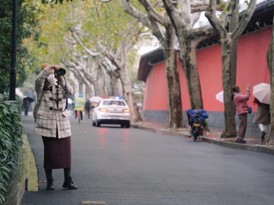 A tree-lined street beside De Shou Palace, with a photographer, umbrellas, and wet pavement.