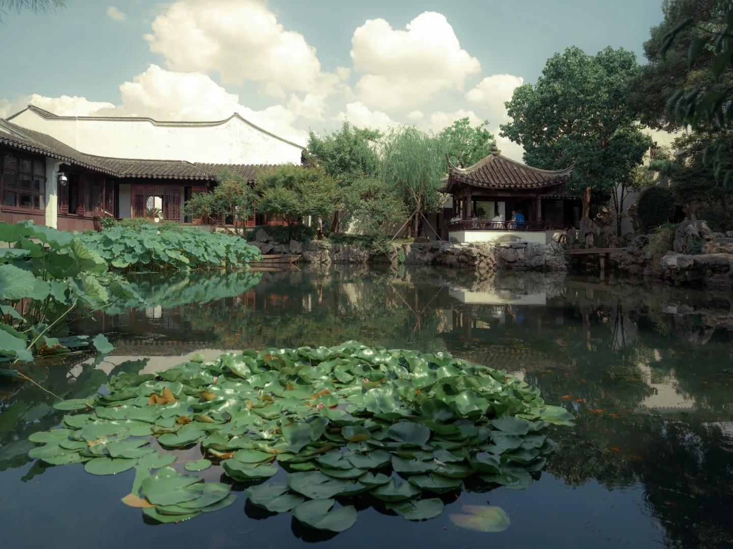 Lake, pavilion and lotus leaves in classical Suzhou garden
