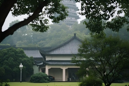 Framed view of traditional Chinese buildings inside Xizi State Guest House on a misty rainy day, lush green lawn and surrounding foliage beside West Lake, Hangzhou.