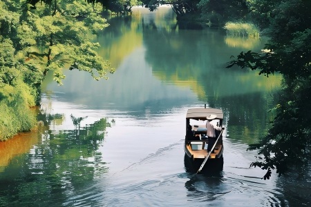 Wooden punt boat sailing on tranquil green waterway surrounded by dense woods in Hangzhou