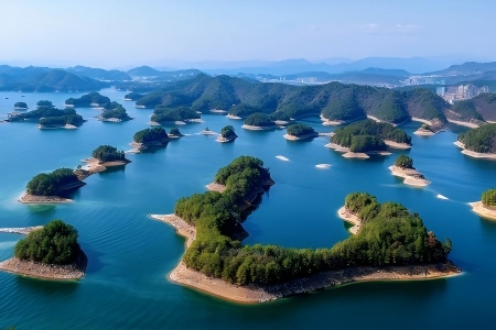 Countless forest-covered small islands scattered in clear blue water of Qiandao Lake