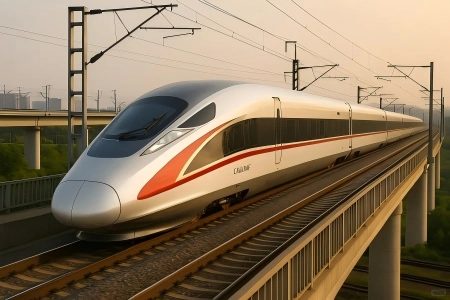 Fuxing bullet train traveling on railway viaduct at dusk, China high-speed rail