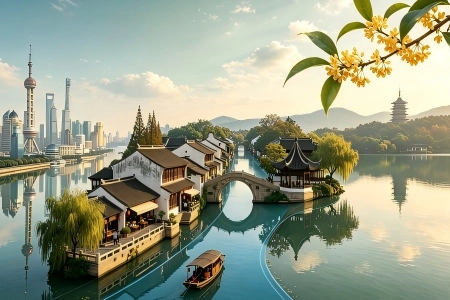 Combining Shanghai skyline, Jiangnan water town and West Lake Leifeng Pagoda, East China golden triangle tourism scenery