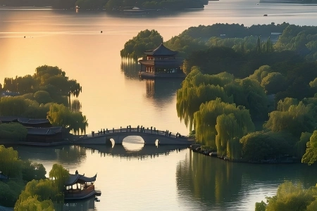 View of West Lake at sunrise, stone arch bridge, Chinese pavilion, weeping willows and calm reflective lake water
