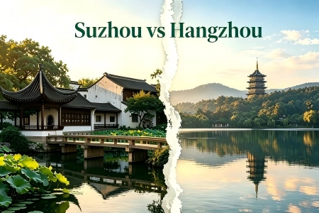 Split composite image of Suzhou classical garden on left and West Lake Leifeng Pagoda Hangzhou on right