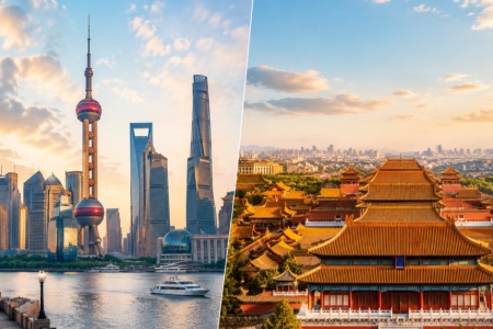 Shanghai and Beijing travel comparison featuring modern skyline and Forbidden City architecture in China