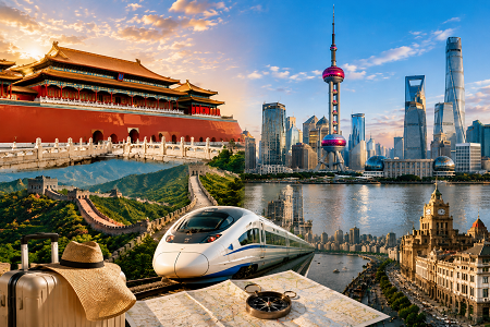 Beijing Shanghai tour itinerary featuring historic landmarks, modern skyline, and high-speed train travel in China