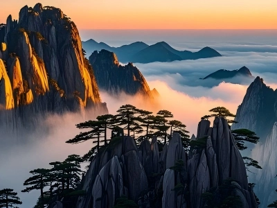 Huangshan mountain peaks with pine trees