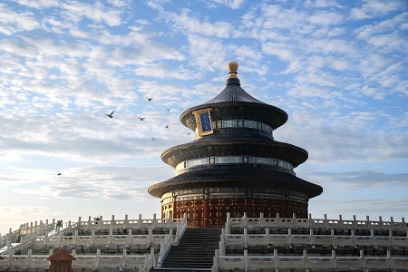 Temple of Heaven in Beijing with the iconic Hall of Prayer for Good Harvests under blue sky