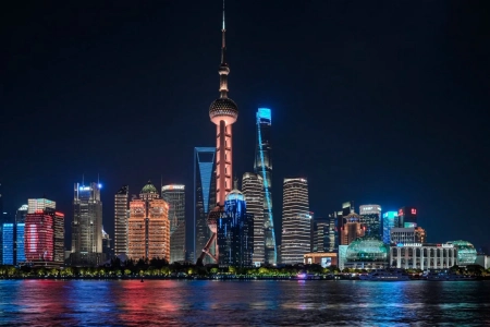 Illuminated Lujiazui skyscrapers, Oriental Pearl Tower, Huangpu river night view, Shanghai China