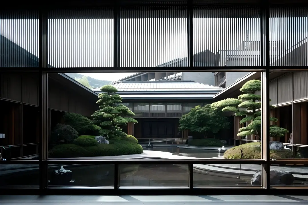 Peaceful Chinese zen courtyard view of luxury boutique hotel in Hangzhou