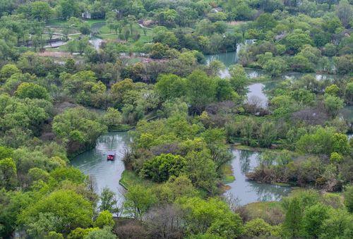 Xixi National Wetland Park in Hangzhou presenting the full panoramic view of crisscross water networks, dense green woods and unique urban wetland ecological landscape