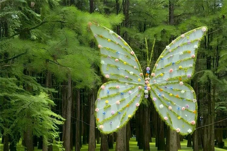 Giant floral butterfly art installation hanging among dense metasequoia trees at Lin'an Qingshan Lake aquatic forest, pastel fabric wings decorated with colorful small flowers, surrounded by fresh emerald green water fir foliage, dreamy fairy-tale wetland landscape