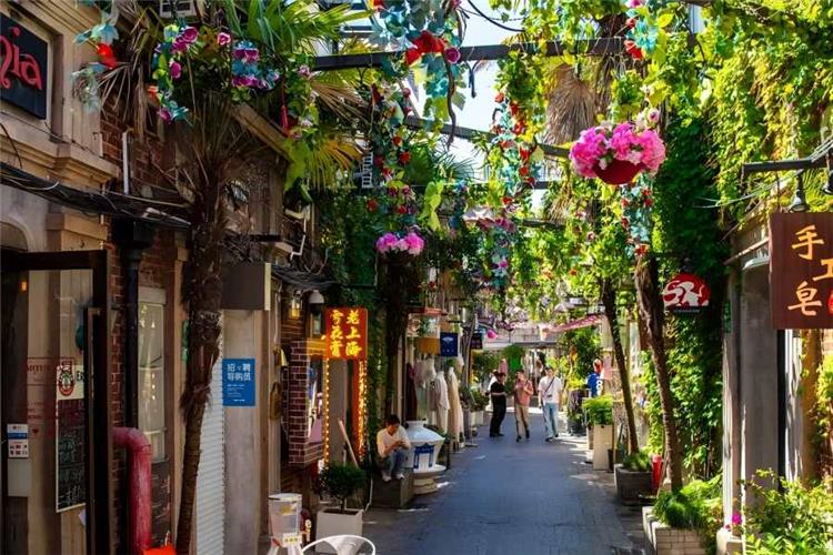 Tianzifang in Shanghai showing labyrinthine Shikumen alleyways filled with boutiques, cafes and artistic street scenery