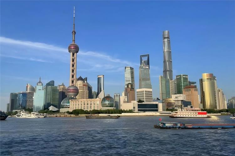 The Bund in Shanghai showing iconic waterfront historic European buildings along Huangpu River