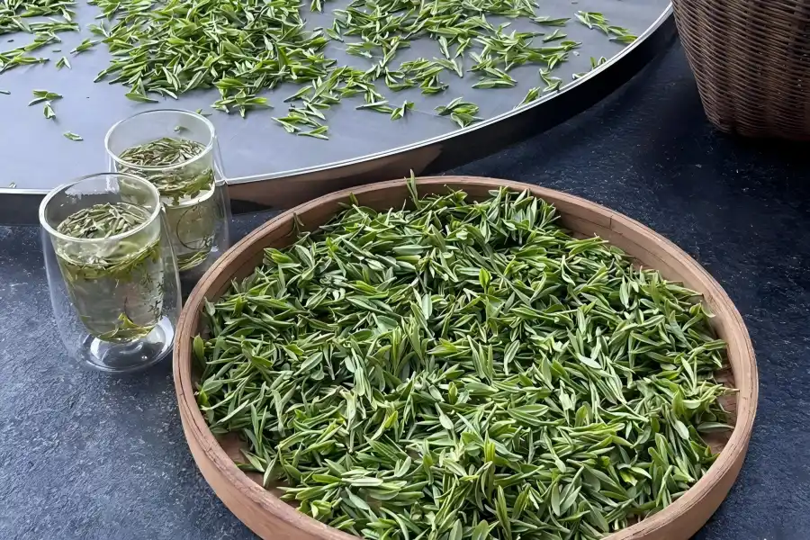 Meijiawu in Hangzhou showing visitors tasting fresh Longjing tea amid green tea plantations
