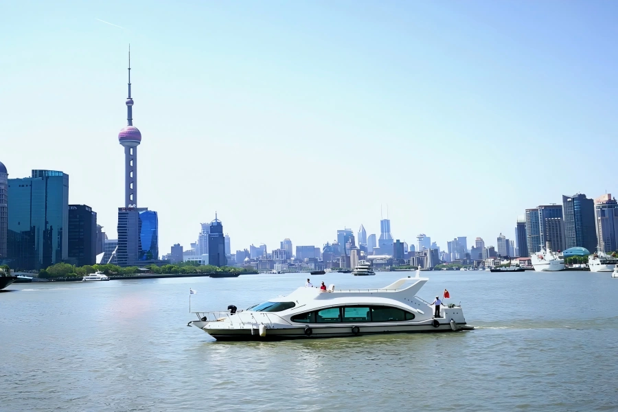 Huangpu River Cruise Huangpu River in Shanghai showing cruise ships sailing along the river with spectacular city skyline views
