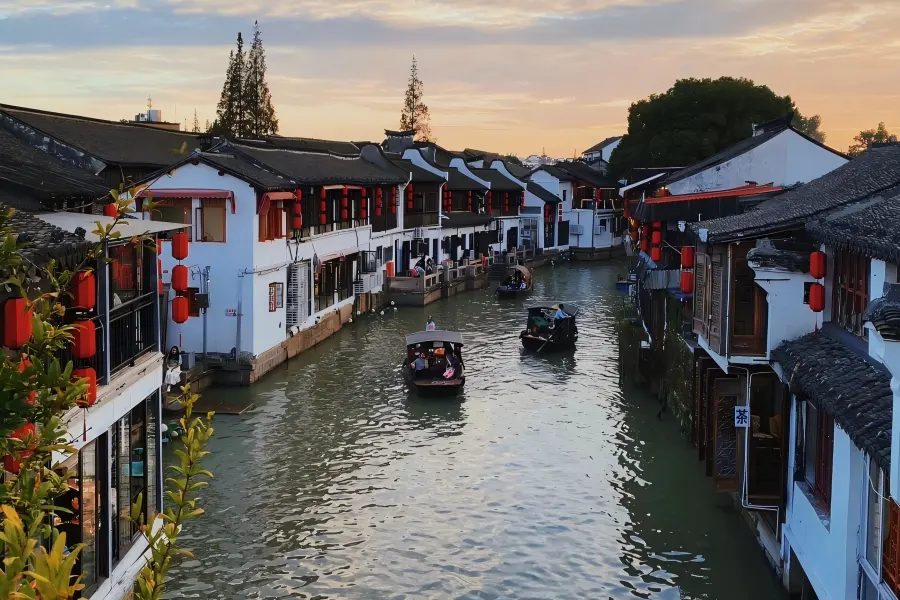 Zhujiajiao Water Town in Shanghai showing ancient riverside alleys and traditional stone bridges