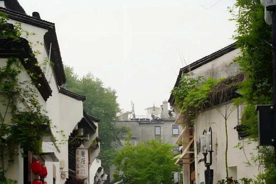 Hefang Street in Hangzhou showing ancient pedestrian street with traditional shops, red lanterns and local snacks