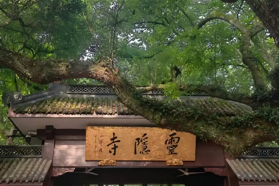 Lingyin Temple in Hangzhou featuring time-honored Zen halls, ancient stone Buddha carvings on Feilai Peak, misty mountain woods and curling incense in a serene valley setting