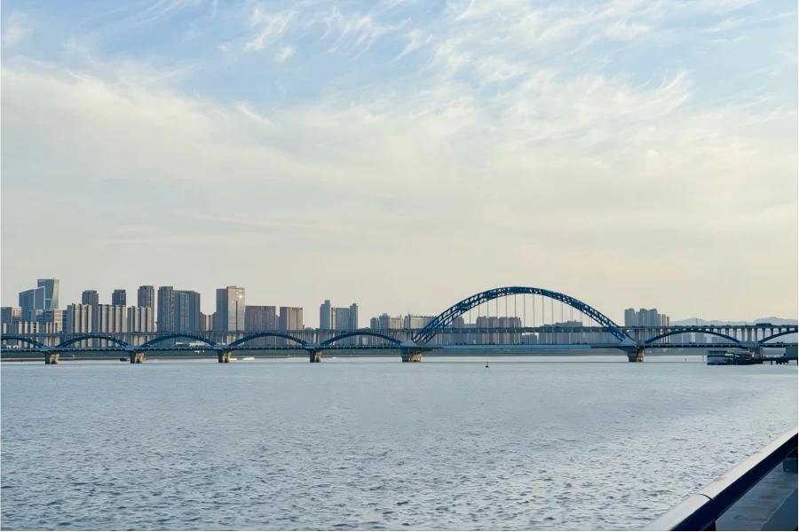 Qiantang River in Hangzhou showing wide river surface and urban riverside scenery