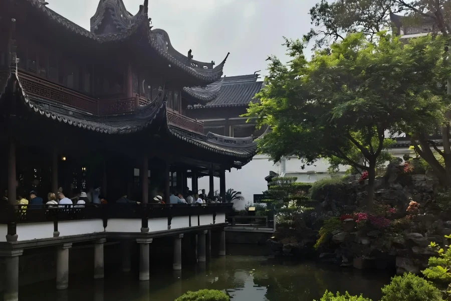 Yu Garden in Shanghai showing elegant ancient pavilions, lotus ponds and rockeries of classical Jiangnan garden