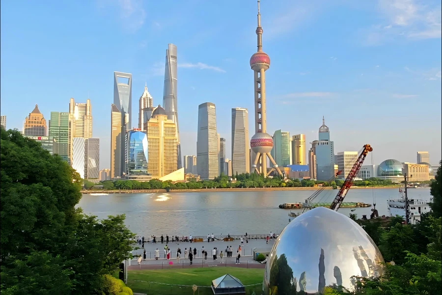 North Bund Scenic Area in Shanghai showing modern skyscrapers and riverside waterfront scenery along Huangpu River