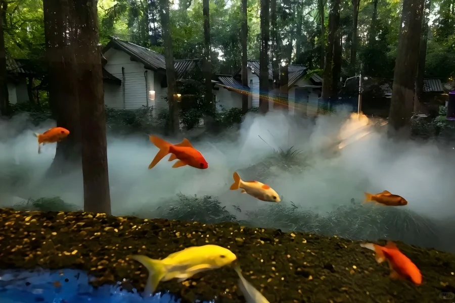 Flower Harbor Viewing Fish in Hangzhou presenting lotus ponds, colorful koi fish and waterside pavilions