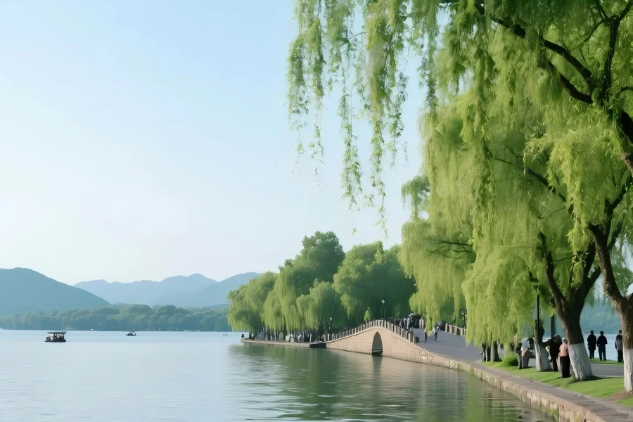 Broken Bridge in Hangzhou showing classic lakeside scenery of West Lake