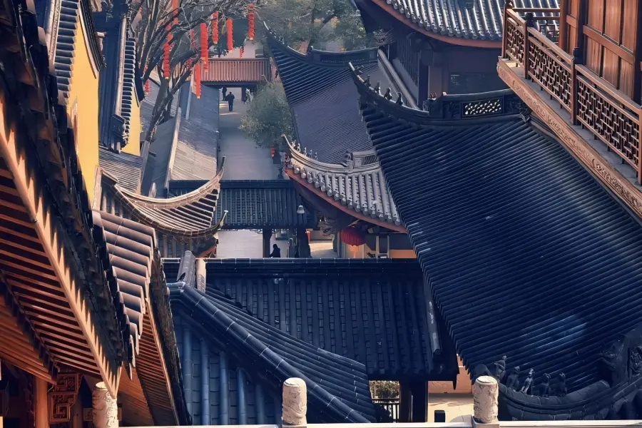 Lingshun Temple known as Top Wealth God Temple in Hangzhou showing red lanterns and prayer halls for fortune worship
