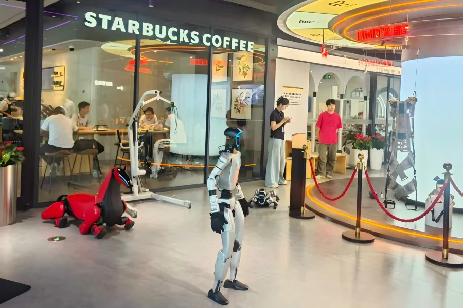 Intelligent Robots in Wensan Road Tech Experience Center Tech Experience Center on Wensan Road displaying futuristic humanoid robots conducting demonstration performances