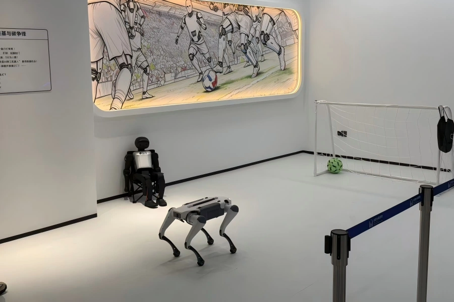 Four-legged robot football interactive exhibit in AI museum