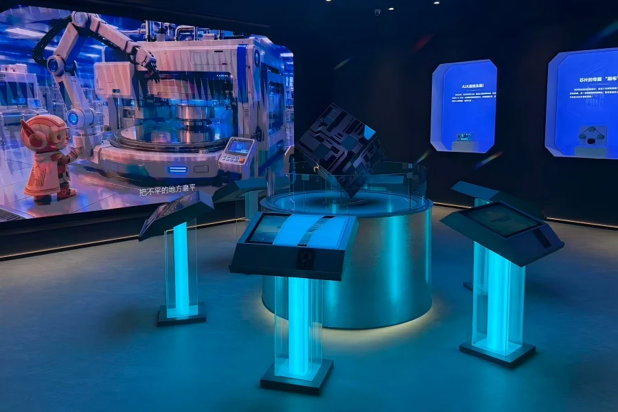 Tech exhibition space displaying chip manufacturing introduction