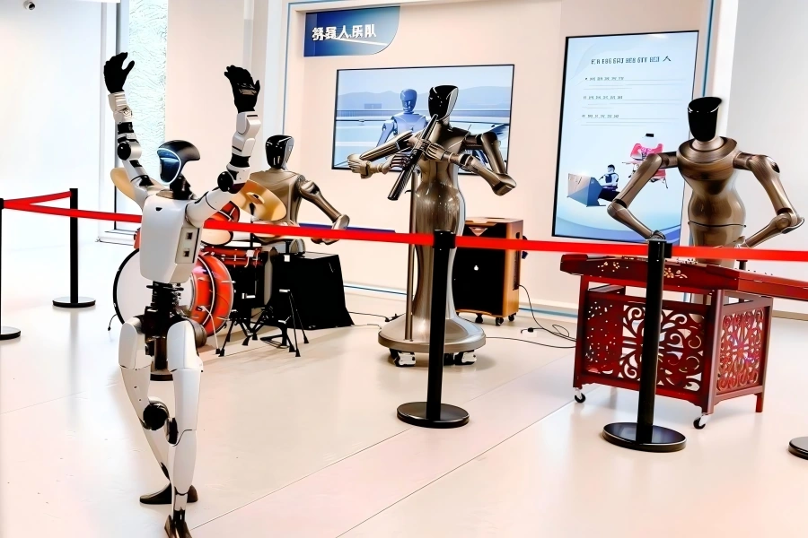 Robot band, dancing humanoid robots performing musical show