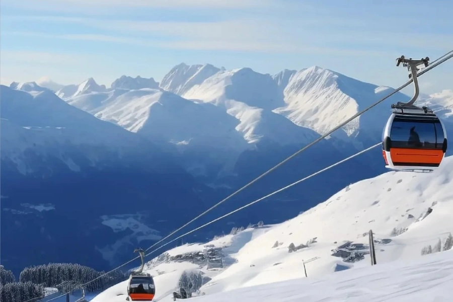 Premium alpine ski resort with forested snowy slopes