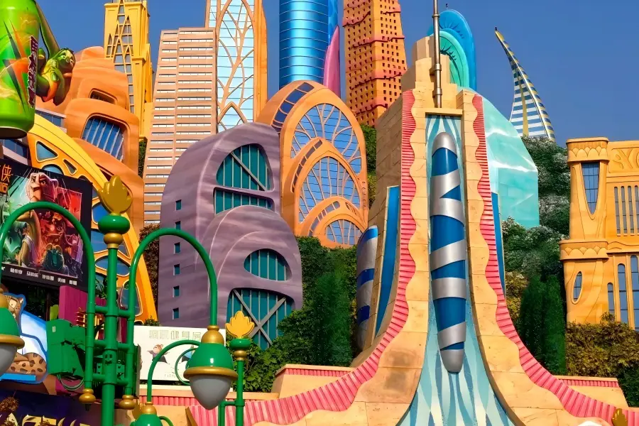 Zootopia Themed Land in Shanghai showing vibrant movie?inspired themed city architecture