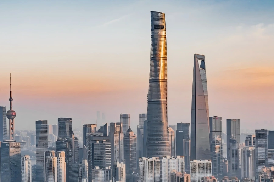 Shanghai Tower in Shanghai showing iconic twisting super?tall skyscraper in Lujiazui financial district