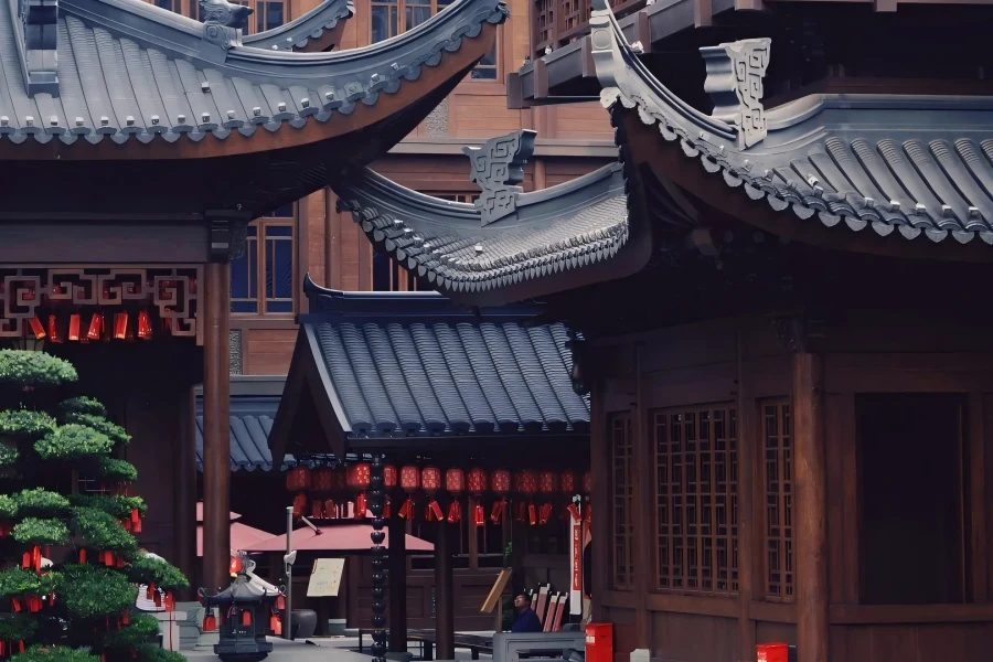 Jade Buddha Temple in Shanghai showing traditional Chinese Buddhist temple buildings with yellow walls and red lanterns