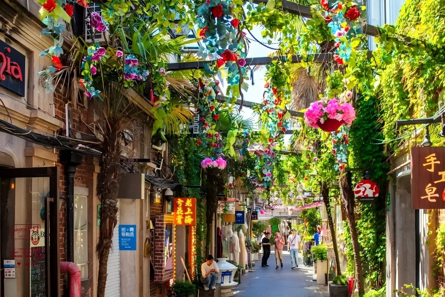 Tianzifang in Shanghai showing traditional shikumen lanes filled with boutique shops and art studios