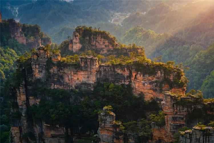 Zhangjiajie Wulingyuan Peak Forest Panorama Wide overlook of layered sandstone peak forest in Zhangjiajie Wulingyuan