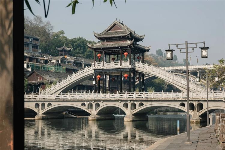 Pavilion Bridge Fenghuang Ancient Town Historic pavilion?style stone bridge on Tuojiang River, Fenghuang water town Hunan