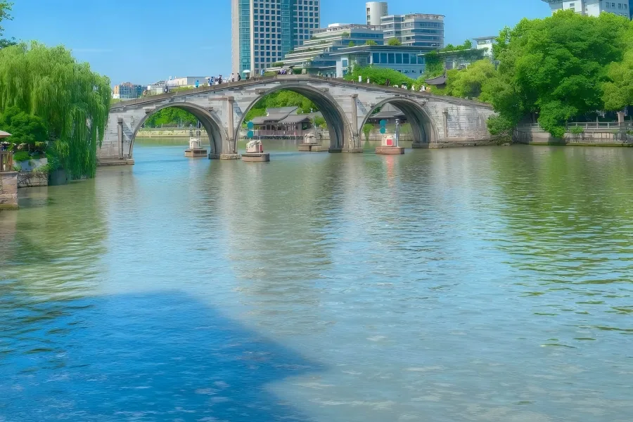 Hangzhou section of Grand Canal, tranquil canal scenery with riverside old buildings